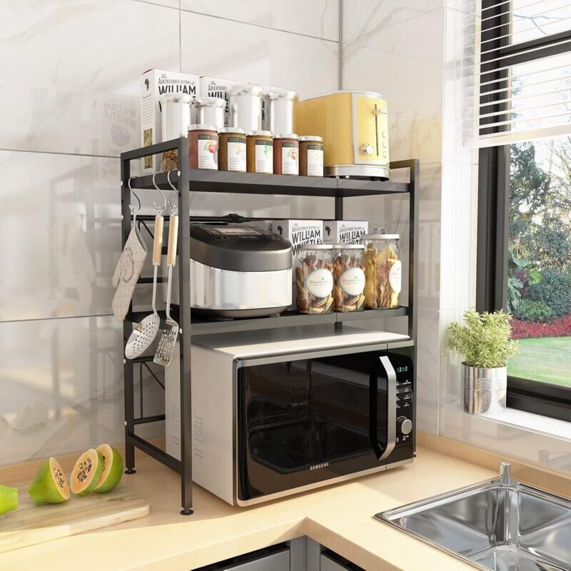 foto del prodotto snq mobiletto portaoggetti da cucina regolabile in lunghezza 40 60 cm, ripiano multifunzione per microonde con 3 ganci