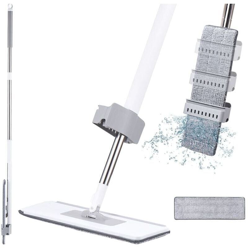 foto del prodotto snq mocio in microfibra con strizzatore integrato, mocio professionale con manico da 137 cm, mocio piatto con 2 panni riutilizzabili, per la