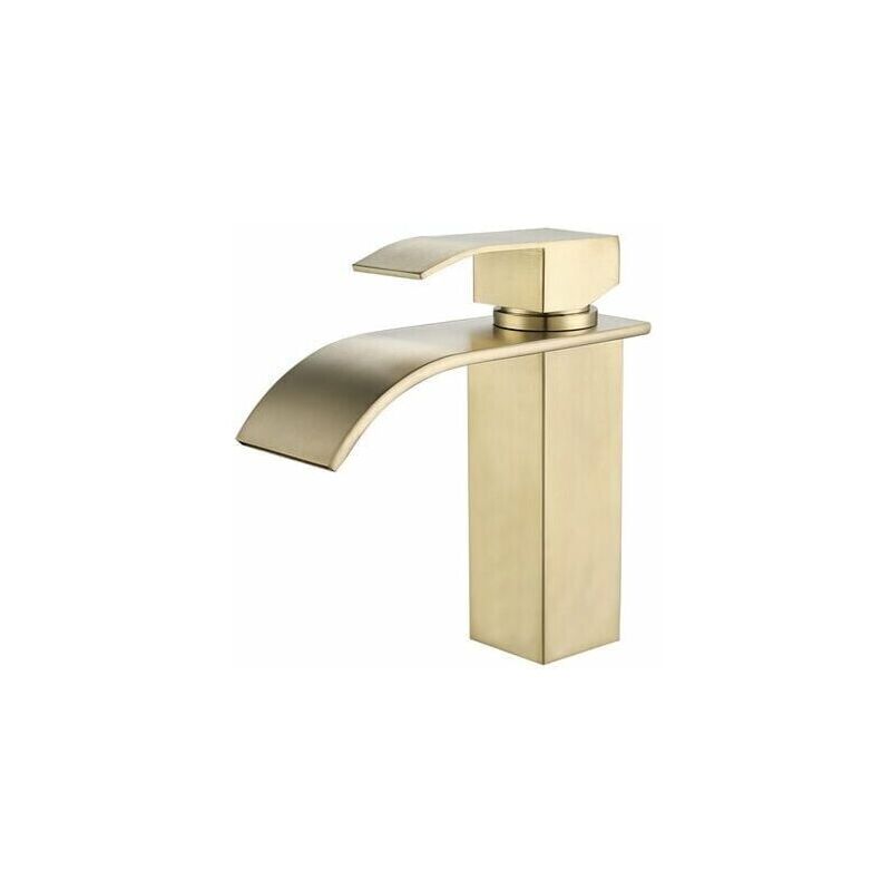 foto del prodotto snq moderno rubinetto per lavabo a cascata in oro, miscelatore per bagno, acqua calda e fredda regolabile.