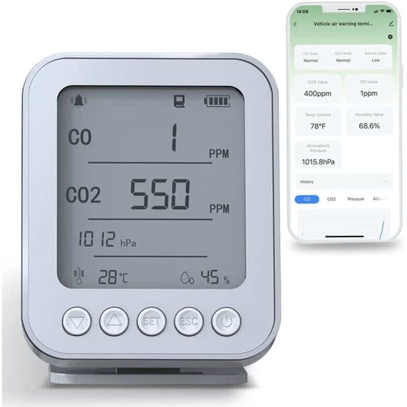 foto del prodotto snq monitor della qualit dell aria 6 in 1, display lcd da 5 pollici con scheda di memoria secure digital da 128 mb, retroilluminazione, ricarica