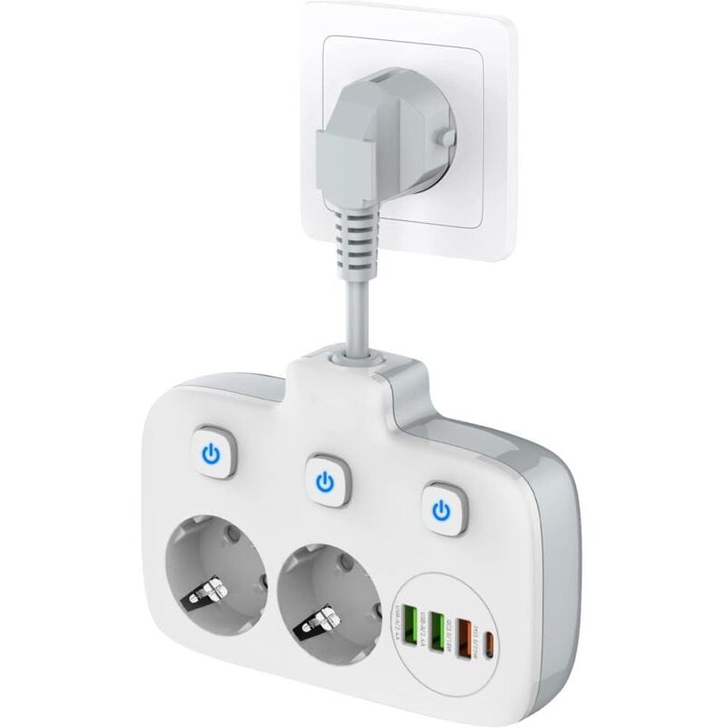 foto del prodotto snq multipresa con interruttore singolo, 2 scomparti, multipresa con 3 interruttori, doppia spina a muro con 4 usb, adattatore per presa con