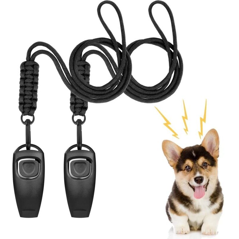 foto del prodotto snq nero fischietto per cani a ultrasuoni, 2 fischietti per cani a ultrasuoni regolabili con clicker e 2 fili, fischietto per cani a ultrasuoni,