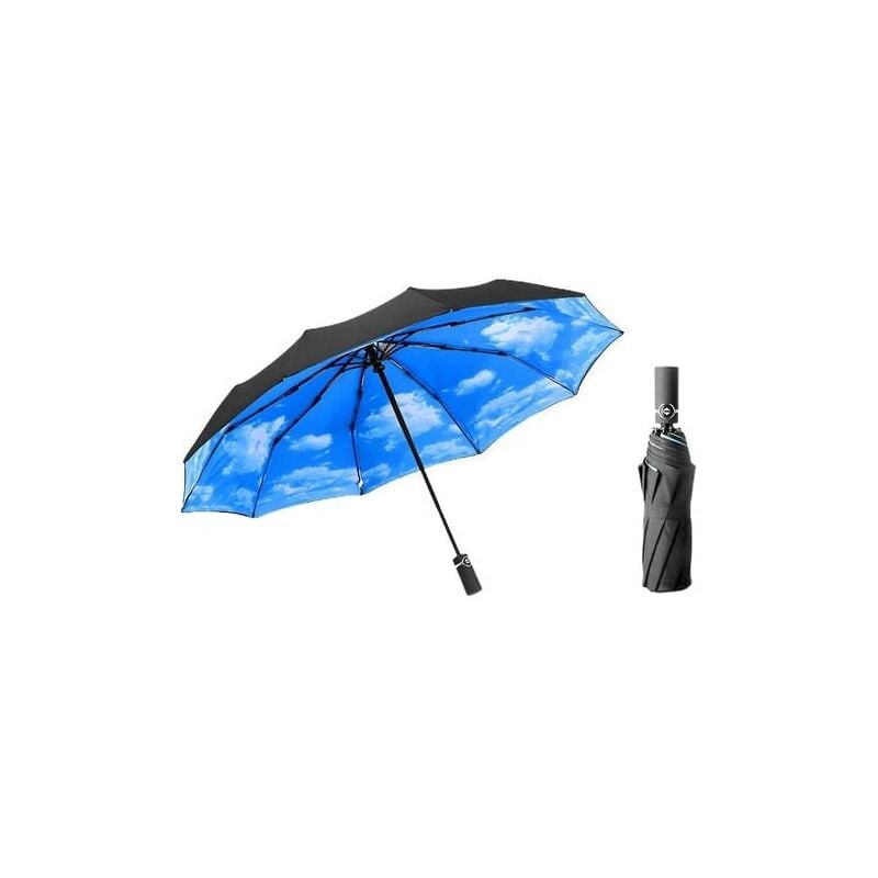 foto del prodotto snq ombrello completamente automatico a tre pieghe con cielo azzurro e nuvole bianche, protezione solare antivento portatile umbre z48