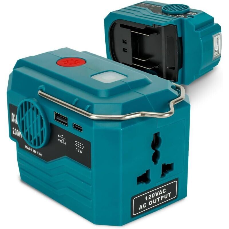 foto del prodotto snq onduleur 200 w pour batterie makita 18 v, centrale lectrique portable dc 18 v vers ac 110 120 v avec 1 port usb, 1 port usb c, lumi re led 280