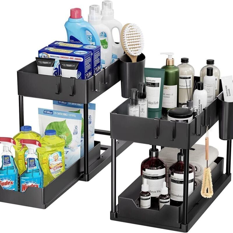 foto del prodotto snq organizer sottolavello, contenitore per cucina, 2 ripiani, organizer per mobile con 5 ganci e 1 lavello sospeso, contenitore e organizzazione
