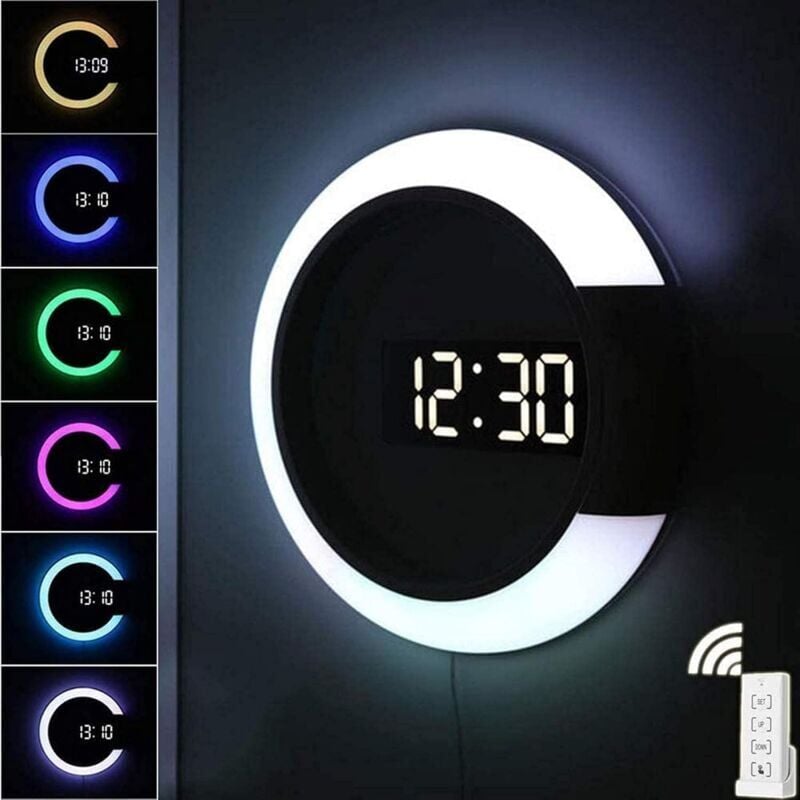 foto del prodotto snq orologio da parete a led, orologio digitale creativo con telecomando usb, specchio cavo, sveglia con temperatura, rgb, 7 colori, temperatura