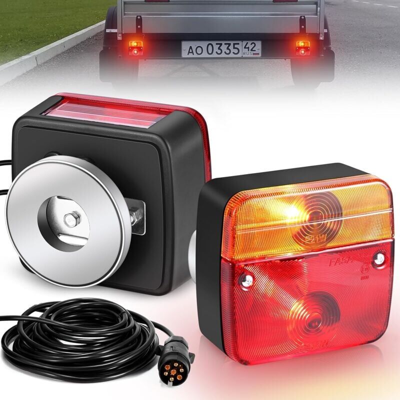 foto del prodotto snq paquet de 2 une paire feux arri re de remorque magn tique, 12v incandescent feux de remorque avec 7 broches et 7,5m c ble, feux arri re feux