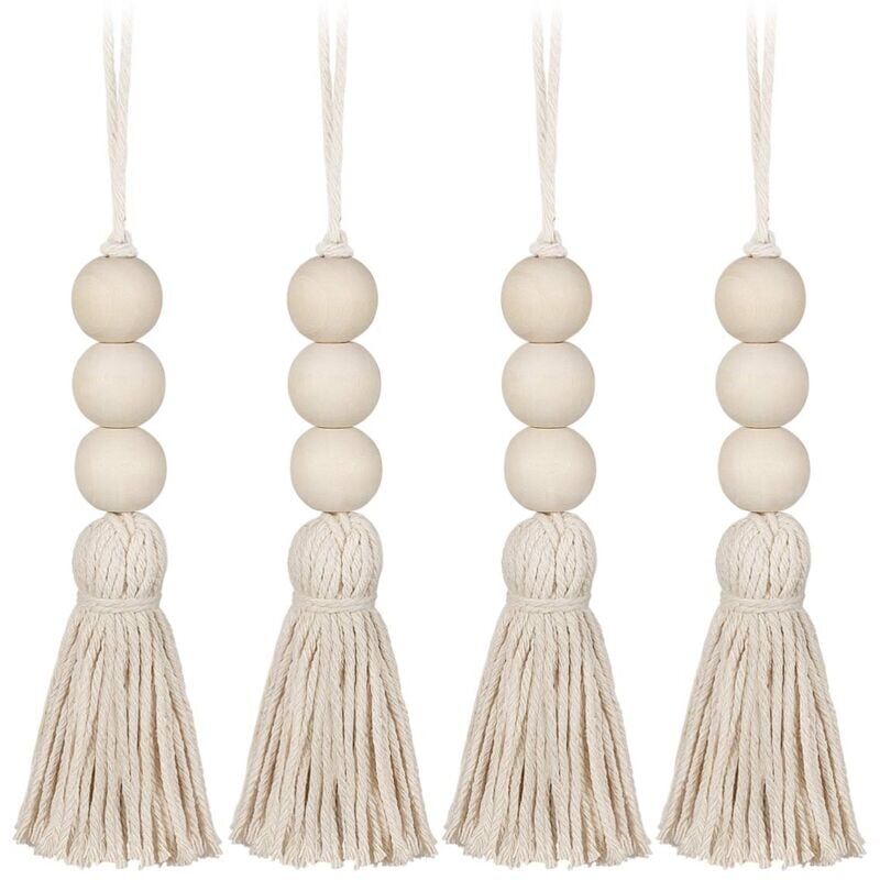 foto del prodotto snq pezzi di perline di legno con nappe, perline da fattoria, perline di preghiera naturali, filo di cotone, decorazione da appendere alla parete,