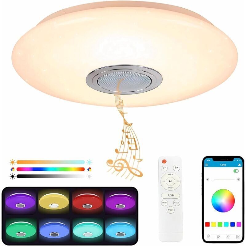 foto del prodotto snq plafoniera a led da 36 w con altoparlante bluetooth, plafoniera che cambia colore, telecomando e app mobile, 3600 lm, 3000 6500 k, ip44, per