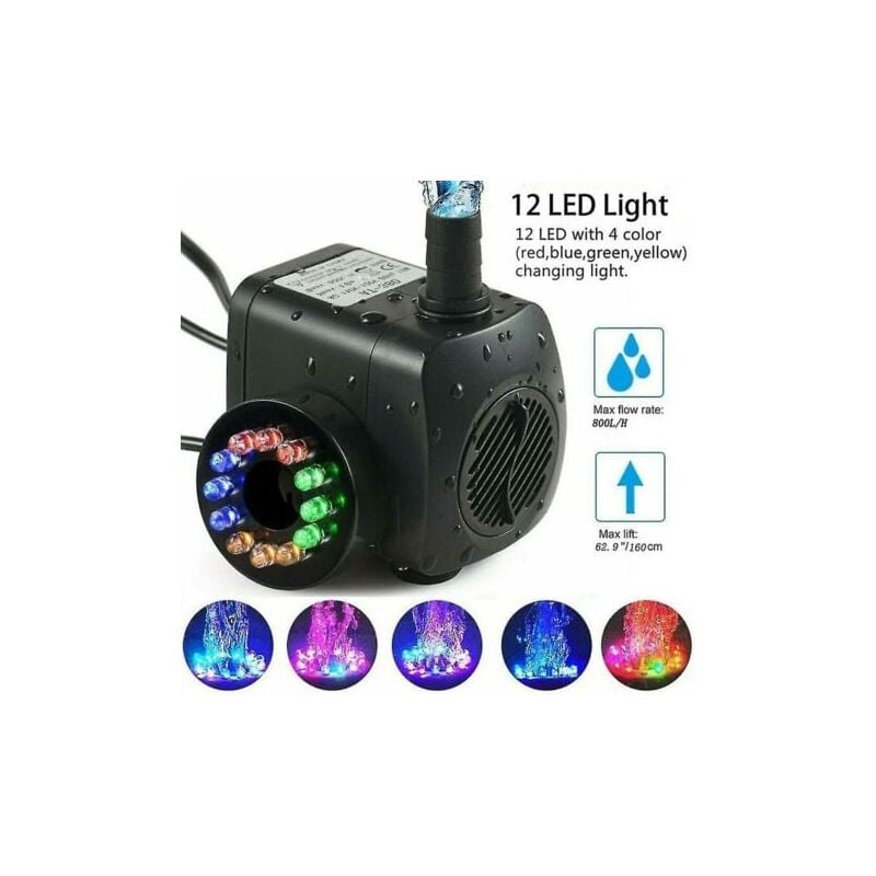 foto del prodotto snq pompa per fontana 15w 800lh, pompa per laghetto, pompa per fontana, pompa da giardino, pompa per fontana con 12 led