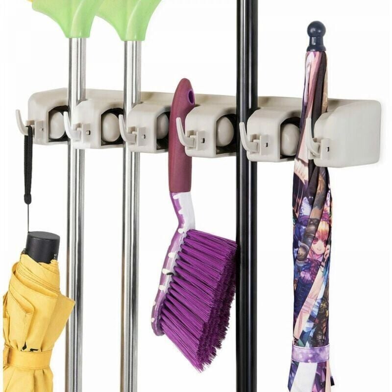 foto del prodotto snq porta scopa a parete porta scopa a parete con 5 fessure e 6 ganci per cucina, bagno, garage e giardino, grigio