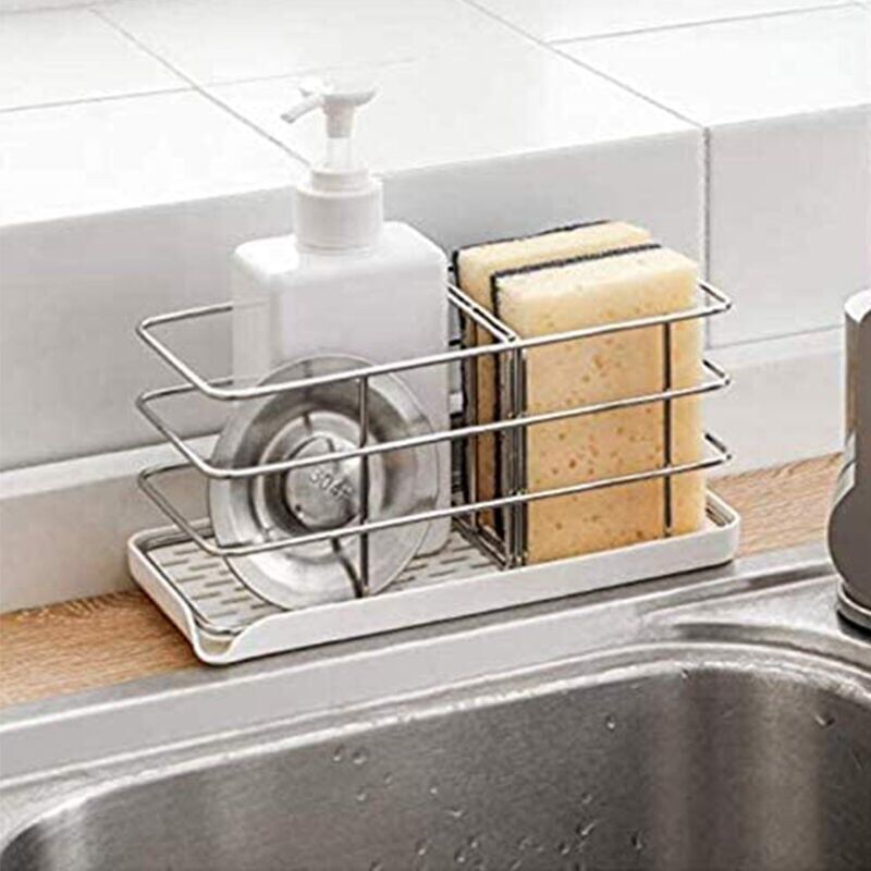 foto del prodotto snq porta spugna in acciaio inox 304, organizer multifunzionale per lavello da cucina, vassoio scolapiatti, portasapone, asse da appendere