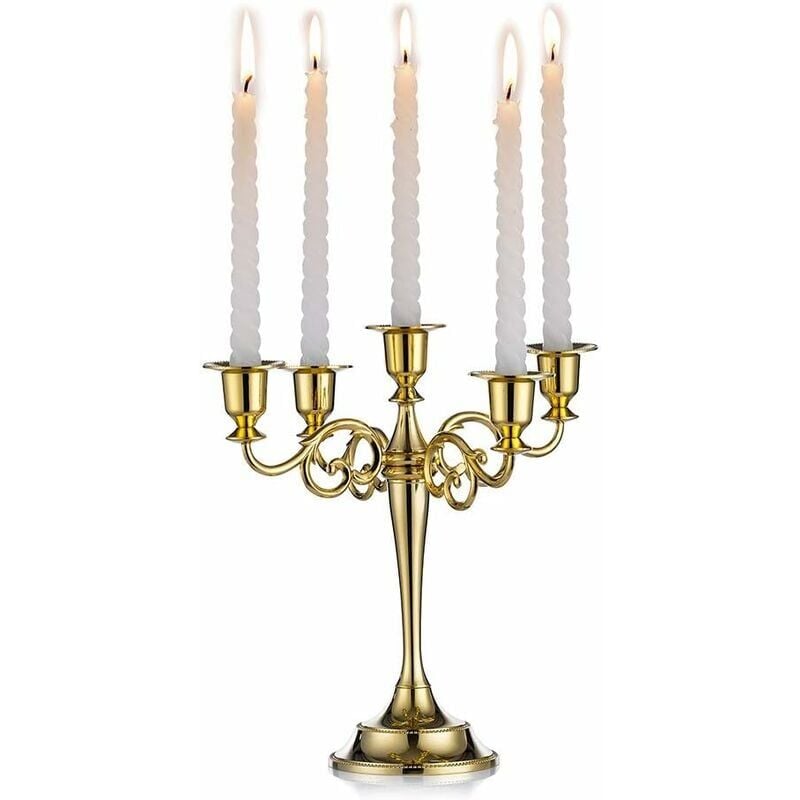 foto del prodotto snq portacandele a candela in metallo dorato a 5 bracci, portacandele conici alti 27 cm, per matrimonio, compleanno, festa, tavolo da pranzo,