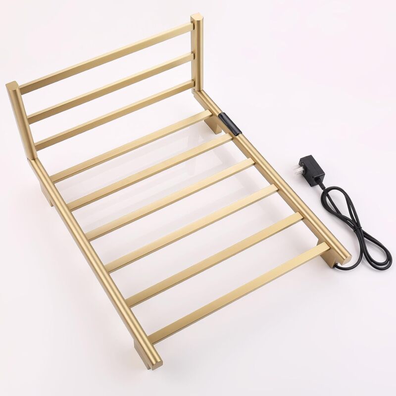 foto del prodotto snq portasciugamani elettrico 76w portasciugamani riscaldato elettrico 62x50 cm radiatore da bagno in oro spazzolato con portaoggetti pieghevole