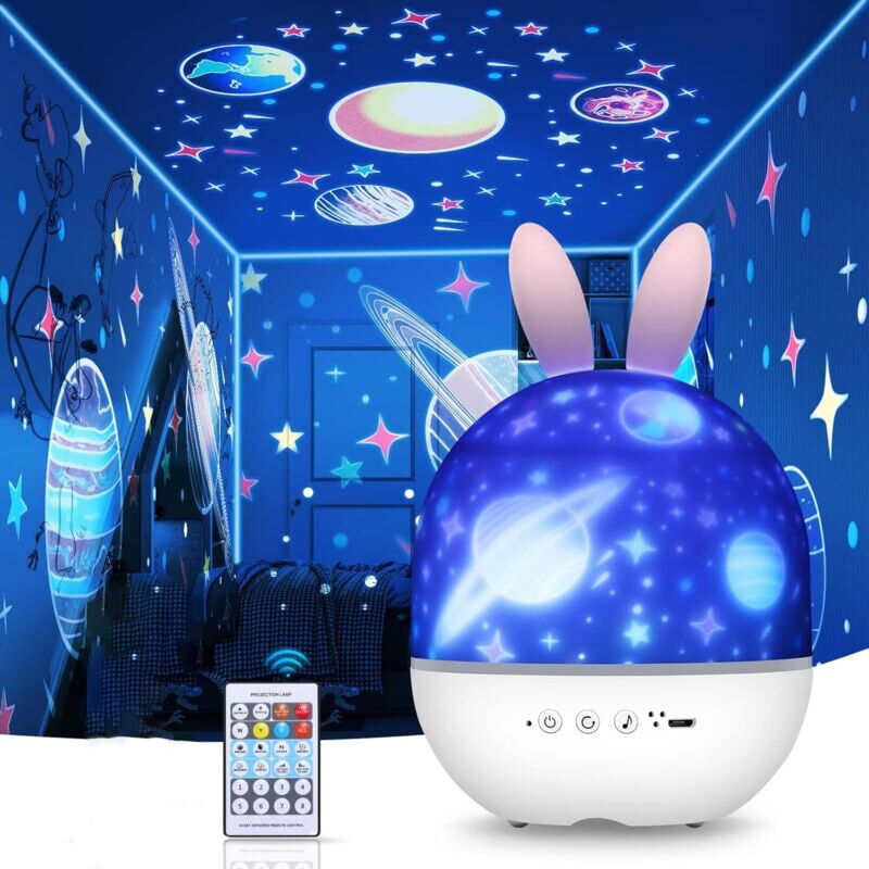 foto del prodotto snq proiettore di luce notturna per bambini, proiettore di stelle dimmerabile con 6 film, rotazione a 360 , proiettore di musica a led per bambini,