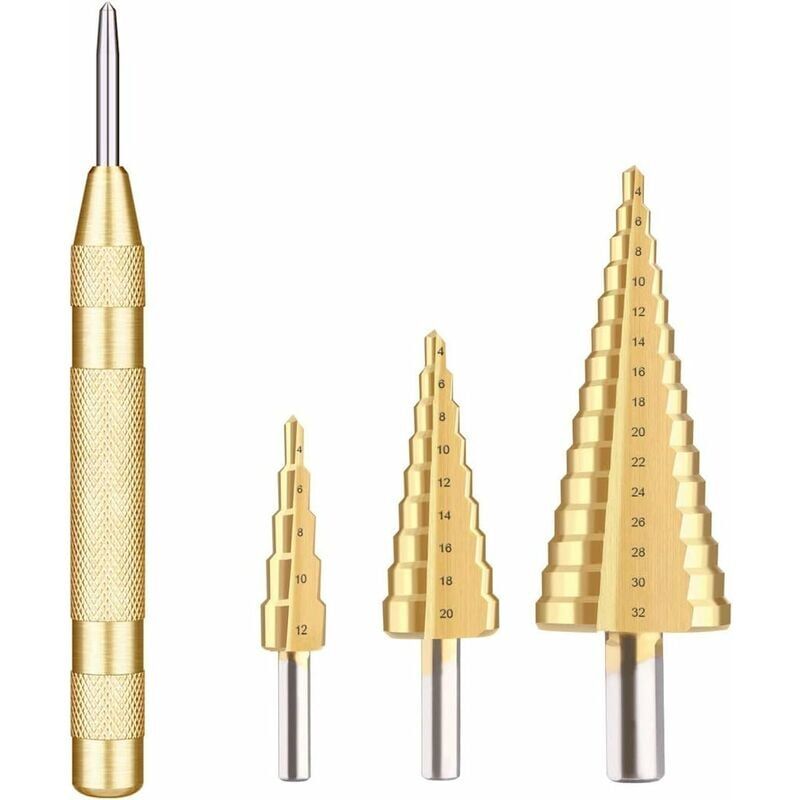 foto del prodotto snq punta per trapano a gradini in metallo hss, 4 pezzi 4 12 20 32 mm punta per trapano a gradini esagonale conica triangolare in acciaio