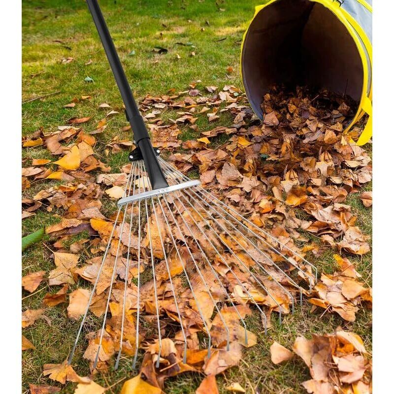foto del prodotto snq rastrello da giardino telescopico, con rastrello in metallo multi dente per prato e cortile