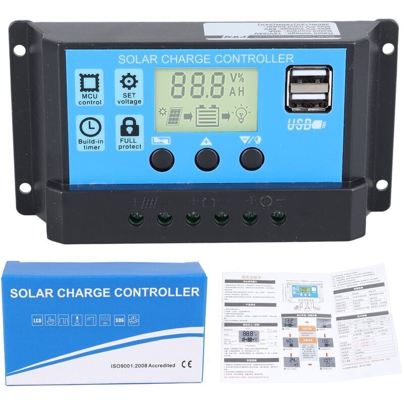 foto del prodotto snq regolatore di carica per batteria a pannello solare pwm intelligente 30a 12v 24v con display lcd a doppia porta usb da 5 v per batterie al