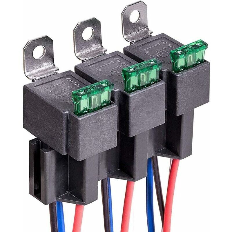 foto del prodotto snq rel per auto da 12 v, 3 pin spst con fusibili a lama ato atc 30 a, normalmente aperto per auto, presa con fili 14 awg 16 awg