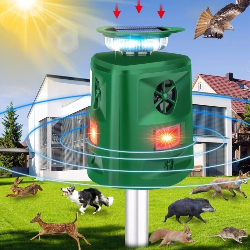 foto del prodotto snq repellente per gatti, repellente solare a ultrasuoni a 360 , anti volpi con sensore di movimento, 5 modalit regolabili, luce led lampeggiante