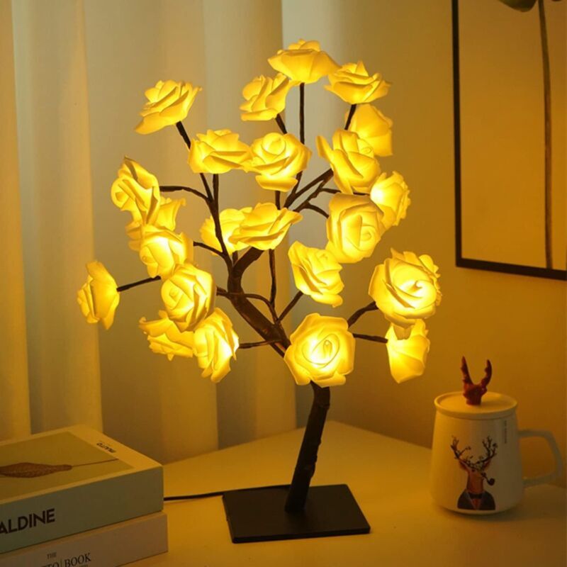 foto del prodotto snq rose light cadeau de f te des m res d coration 24 led rosier lumi re cadeau pour maman fleurs lumineuse veilleuse usb d coration de bureau rose