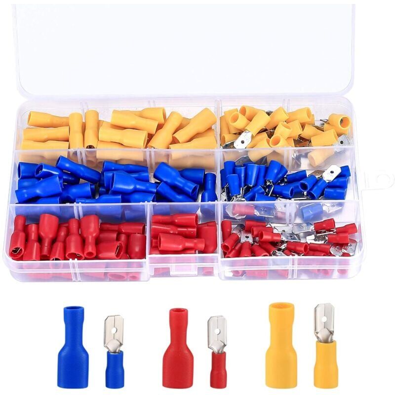 foto del prodotto snq rouge, jaune, bleu, 150 pi ces ensemble de connecteurs de c ble sertir, assortiment cosses de electriques, cosses sertir isol es, raccord