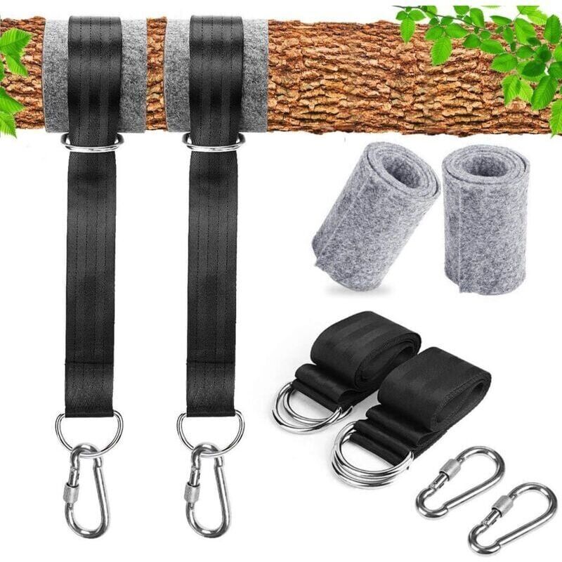 foto del prodotto snq sangle hamac, 2 x 150 cm sangle balancoire arbre avec mousquetons et anneaux en d, 2 protection d arbre, fixation hamac attache pour camping