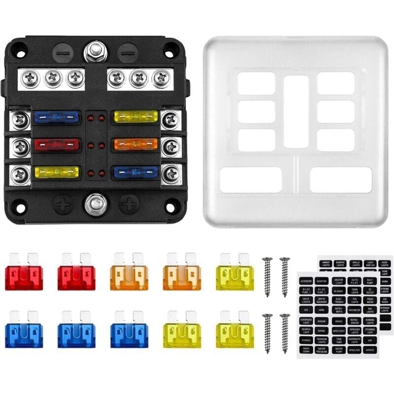 foto del prodotto snq scatola portafusibili a 6 vie 12v ato 32v 100a con 10 fusibili, 6 indicatori led, coperchio protettivo e 2 adesivi per auto, barca, camper.