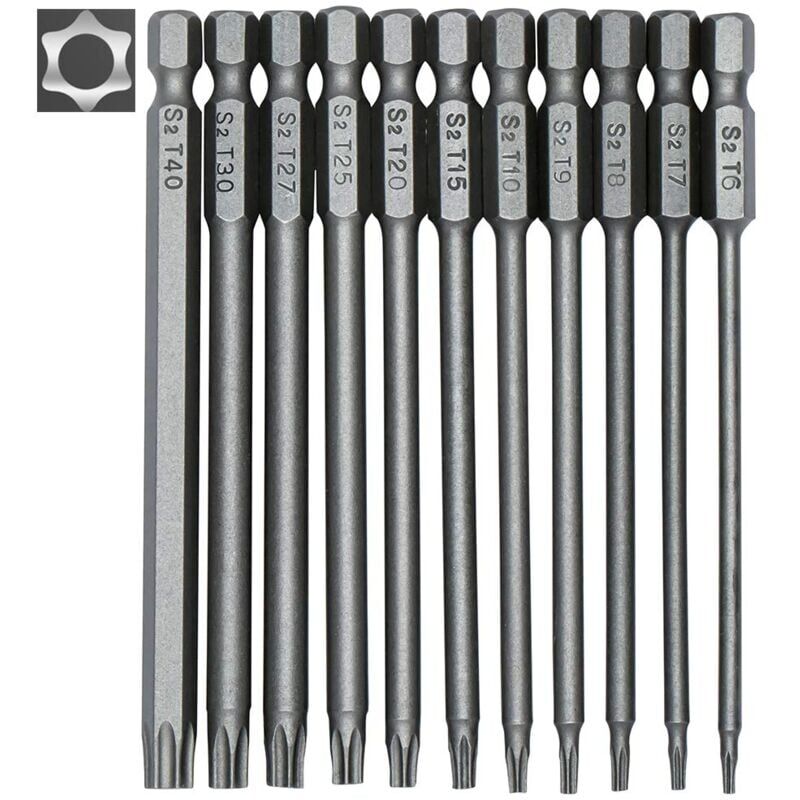 foto del prodotto snq set di 11 punte per cacciavite torx lunghe punte magnetiche attacco esagonale da 1 4 misure da t6 a t40 lunghezza 100 mm