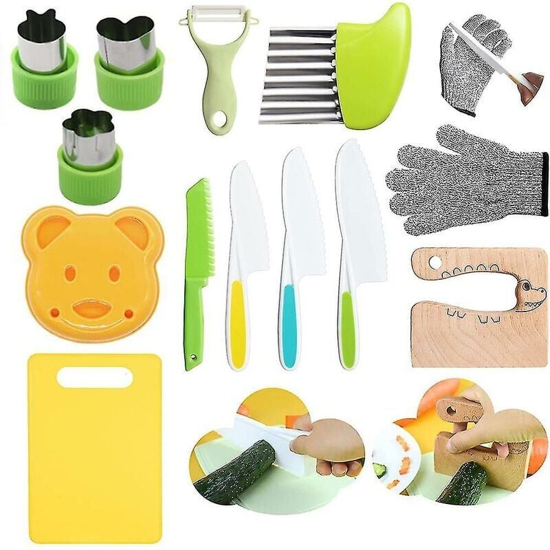 foto del prodotto snq set di 13 coltelli in legno per bambini per la cucina, coltelli sicuri per bambini che tagliano frutta e verdura