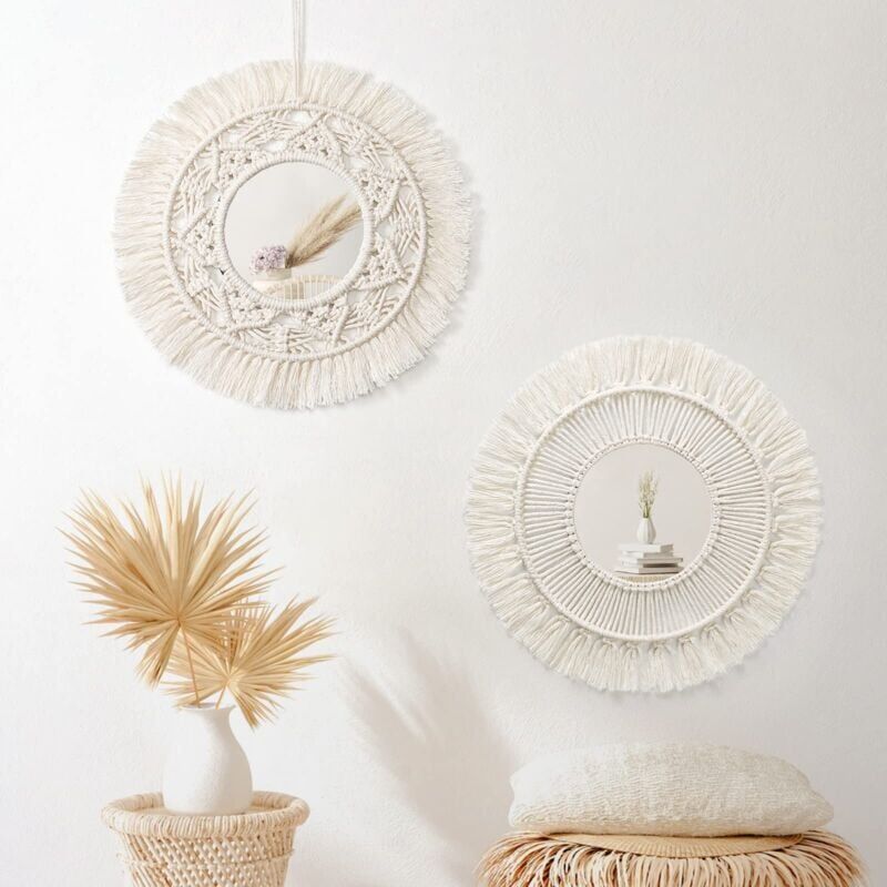 foto del prodotto snq set di 2 specchi da parete in macram , specchi da parete rotondi con frange, specchio appeso, ciondolo, ornamento artistico, decorazione boho