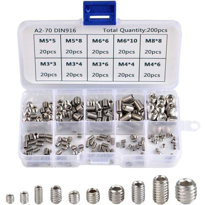 foto del prodotto snq set di 200 viti a brugola in acciaio inossidabile, viti a testa esagonale, accessori in metallo professionali metrici m3 m4 m5 m6 m8 