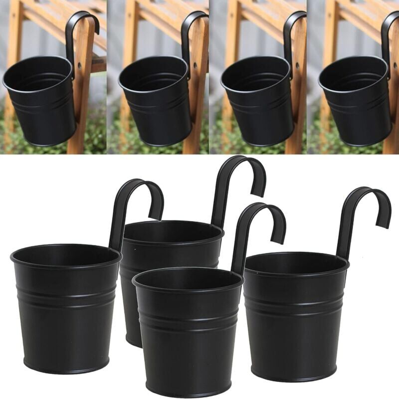 foto del prodotto snq set di 4 vasi da fiori in ferro nero con gancio rimovibile, adatti per uso interno ed esterno.