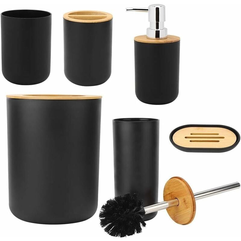 foto del prodotto snq set di 6 accessori da bagno in bamb , flaconi per lozione, portaspazzolino, portasapone, scopino per wc, cestino, vassoio