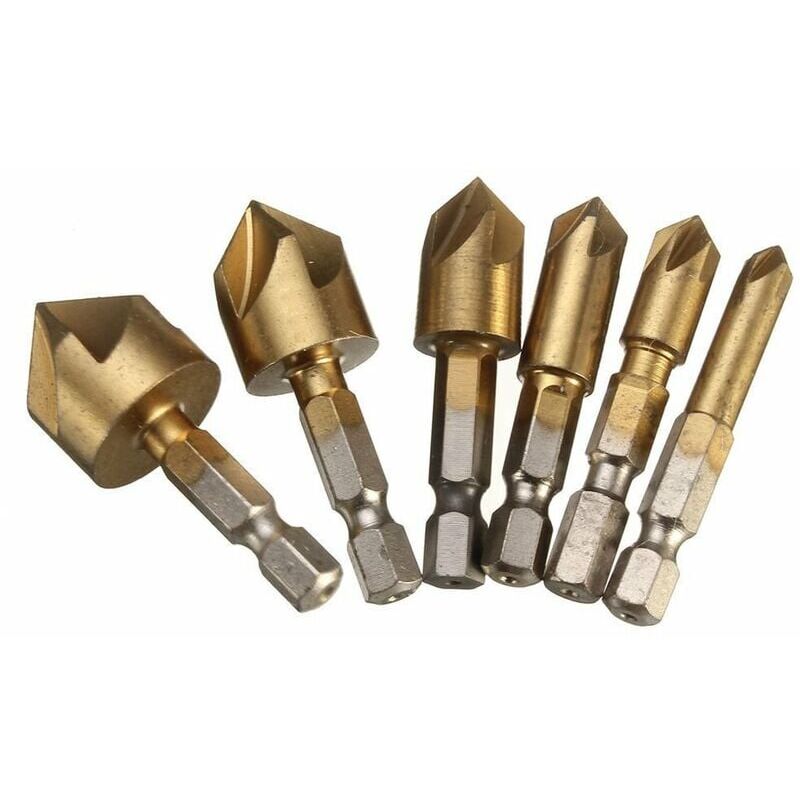 foto del prodotto snq set di 6 frese per smussi hss a 90 gradi, 5 scanalature, fresa per smussi, fresa per fori, rivestimento in titanio, gambo esagonale da 1 4 ,