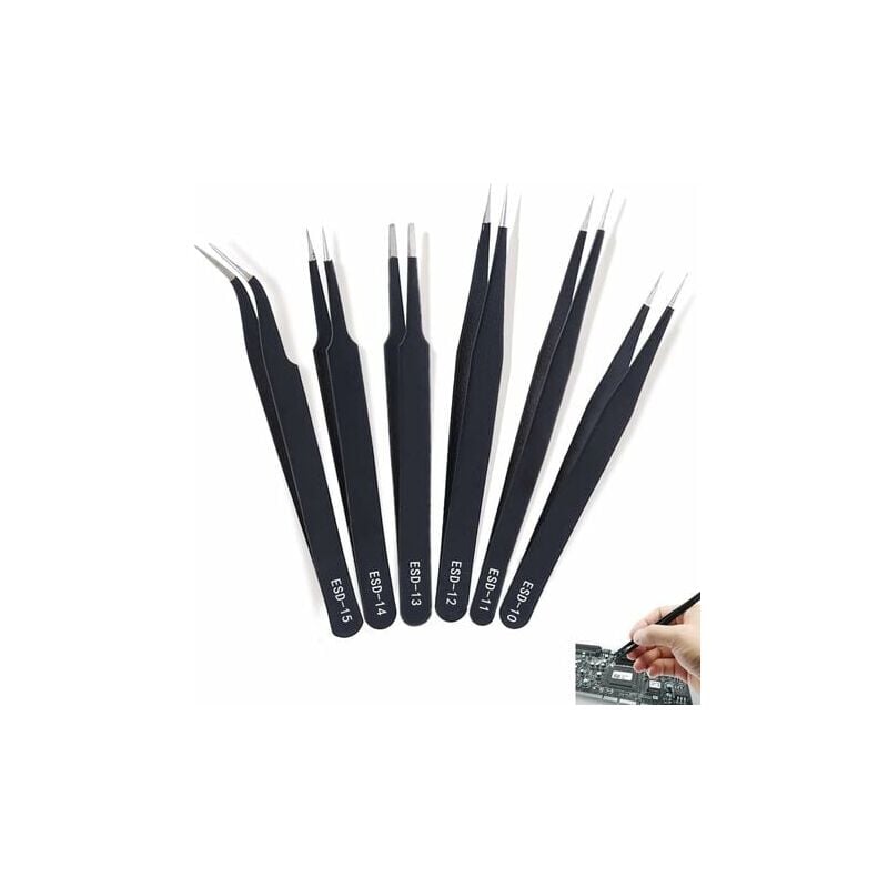foto del prodotto snq set di 6 pinzette di precisione, set di pinzette antistatiche, utilizzate per elettronica, gioielli, artigianato, lavoro di laboratorio, hobby