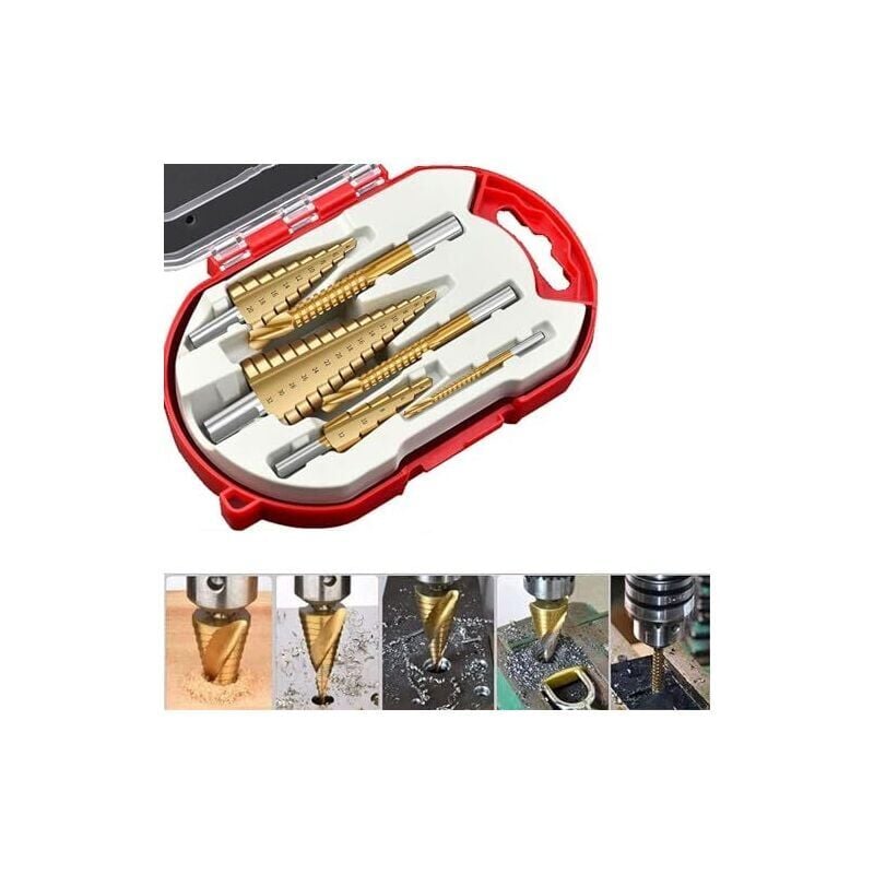 foto del prodotto snq set di 6 punte per trapano a gradini hss, in acciaio inossidabile, 4 12 20 32 mm, 3, 6, 8 mm, triangolo conico in titanio, punta per trapano a