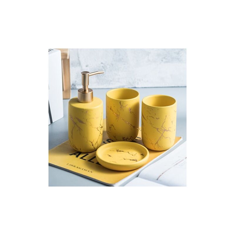 foto del prodotto snq set di accessori da bagno in ceramica da 4 pezzi con dispenser di sapone, bicchiere, portasapone giallo 