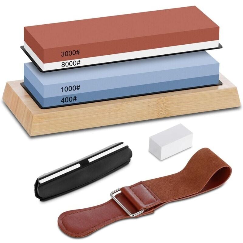foto del prodotto snq set di pietre per affilatura 400 1000 3000 8000, pietra per affilatura professionale a doppia faccia, con base in bamb antiscivolo, guida