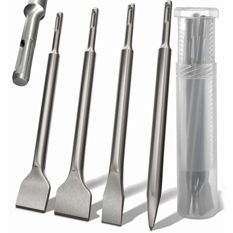foto del prodotto snq set di scalpelli sds plus da 4 pezzi impugnatura rotonda, martello elettrico, scalpello rotondo a quattro punte, scalpello curvo 142 x 250,