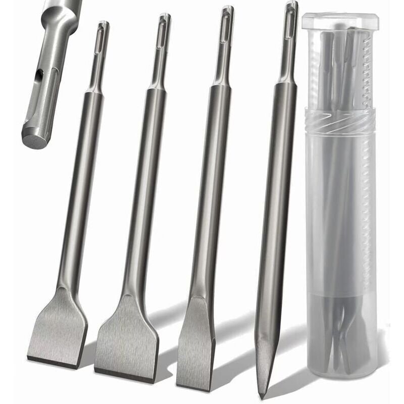 foto del prodotto snq set di scalpelli sds plus da 4 pezzi impugnatura rotonda, martello elettrico, scalpello rotondo a quattro punte, scalpello curvo 142 x 250,