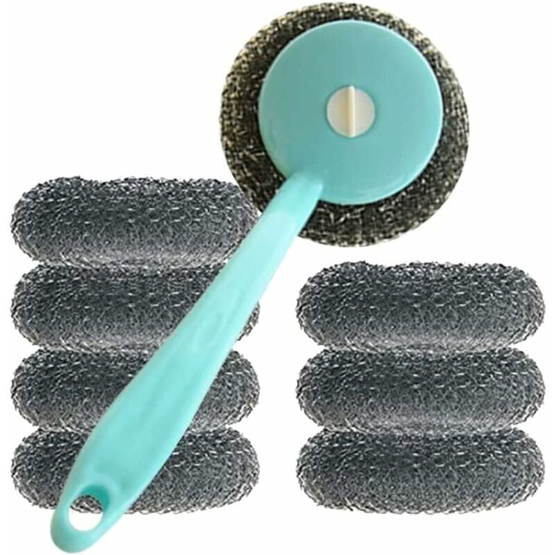 foto del prodotto snq set di spugne abrasive in acciaio inossidabile con manico, confezione da 8, per utensili da cucina, spazzola per pentole, piano cottura,