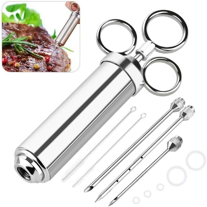 foto del prodotto snq siringa per marinatura da 60 ml, in acciaio inox 304, per salsa, iniettore per alimenti, utensile da cucina con 3 aghi per marinare, cucinare,