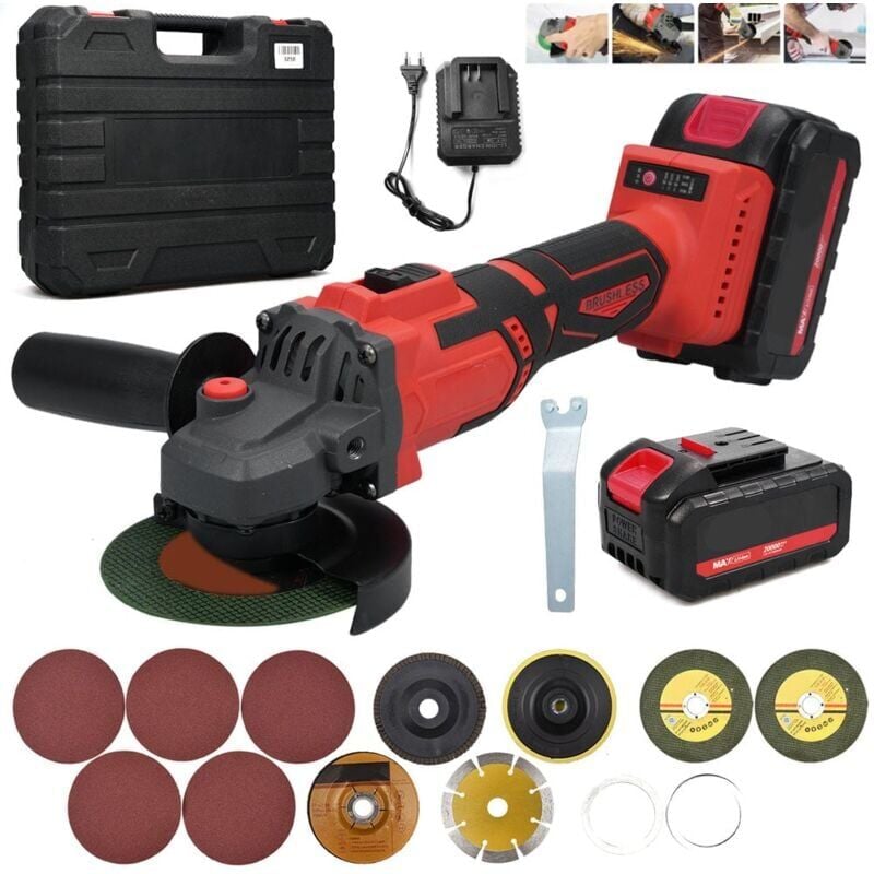 foto del prodotto snq smerigliatrice angolare a batteria, smerigliatrice angolare da 21 v con 2 batterie da 4,0 ah, motore brushless da 9000 giri min, dischi da