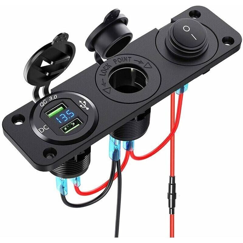 foto del prodotto snq splitter per accendisigari da auto qc3.0 doppio 12v 24v con display a led, presa usb, interruttore impermeabile per auto, barca, moto,
