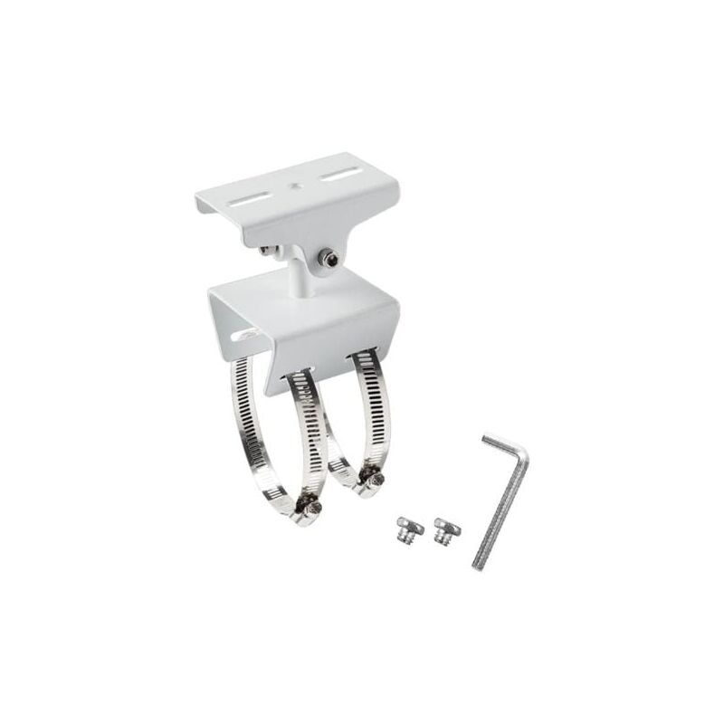 foto del prodotto snq staffa metallica esterna per montaggio su palo per telecamera cctv, supporto a braccio trasversale cctv, bianco, con 2 anelli in acciaio da 20