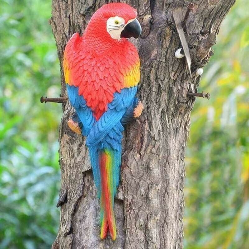 foto del prodotto snq statua di pappagallo sospesa, scultura da parete in resina super realistica da 30 cm, ideale per patio, giardino, alberi, interni e arredamento