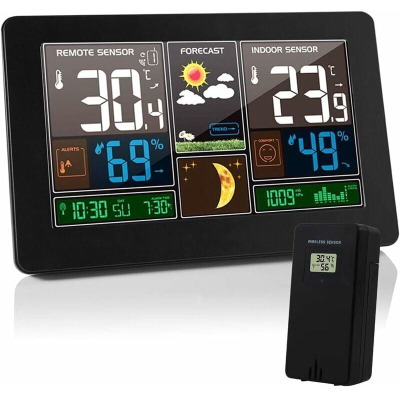 foto del prodotto snq stazione meteorologica termometro igrometro barometro interno ed esterno con sensore schermo led, orologio digitale retroilluminato display ora