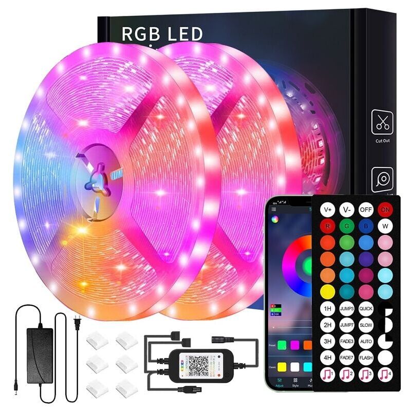 foto del prodotto snq striscia led 20m 10mx2 striscia led bluetooth 5050 rgb, controllata tramite app per smartphone e telecomando, sincronizzazione con ritmo