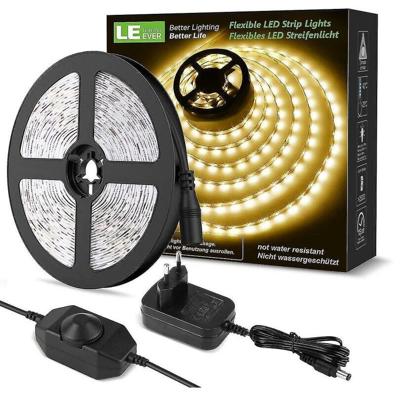 foto del prodotto snq striscia led dimmerabile 12v, 10m, bianco caldo 3000k 600 led, con dimmer